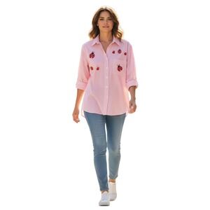 Las Olas Ladybug Stripe Button Up Women's size Medium Beachy Bling Summer Top